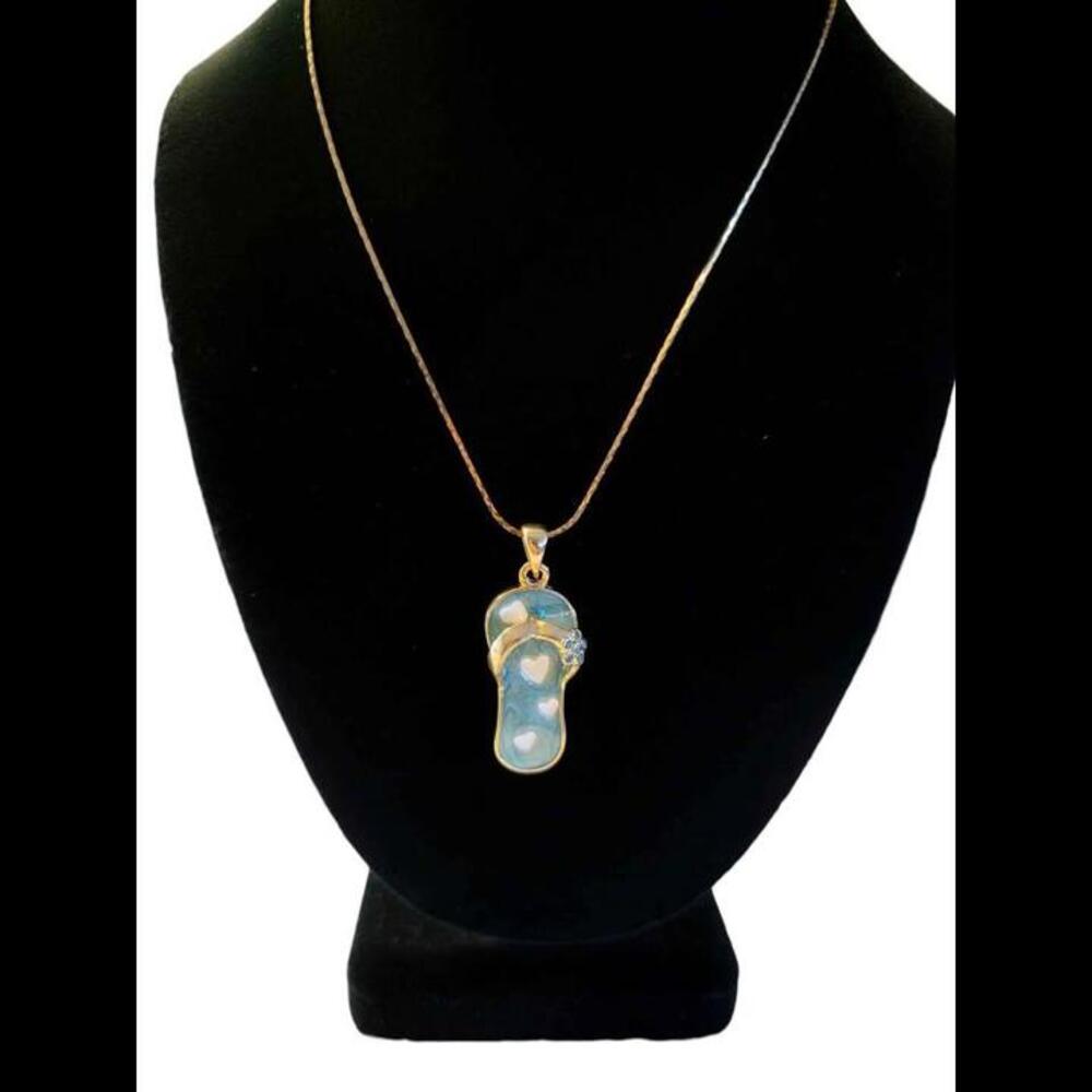 Gold Tone and Blue Enamel Flip Flop Pendant with Necklace